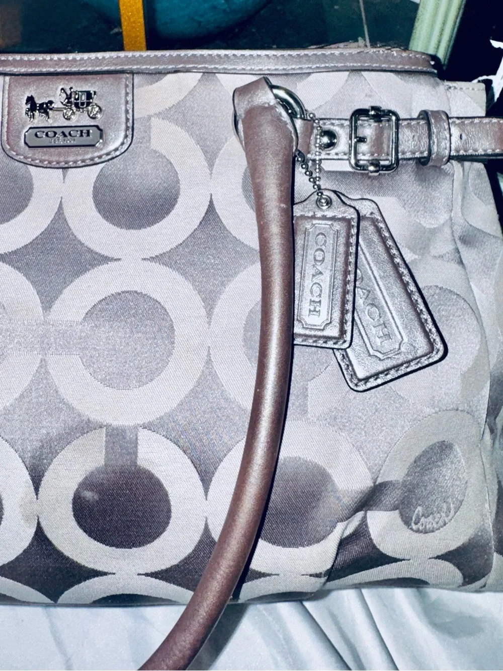 Coach Madison Op Art Kara Carryall Handbag 2012 Silver & Grey w 2-Hangtags - GUC